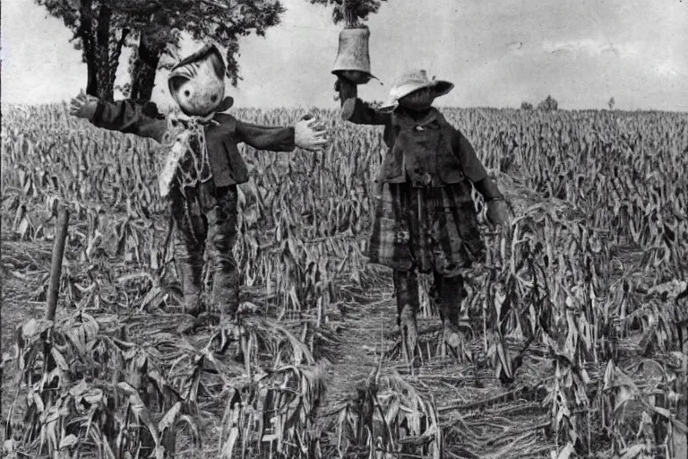 Image similar to sketchy scarecrow from the early 1 9 0 0's leading children into the cornfields