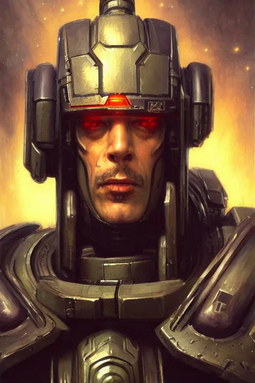 Image similar to character portrait cyberpunk starcraft terran warhammer 4 0 k space marine tech priest steve buscemi, character design, painting by gaston bussiere, katsuya terada, frank frazetta, tom of finland, trending on artstation