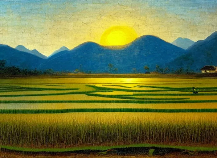 Image similar to painting of a rice paddy with two big mountains in the background, ( a wide asphalt road )!!!! divides paddy field in the middle composition, big yellow sun rising between 2 mountains, oil painting by old master masterpiece