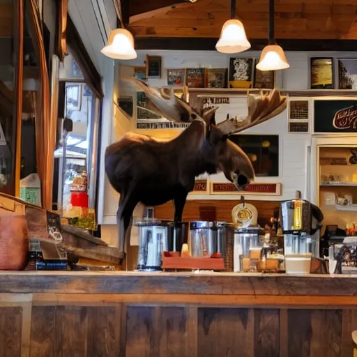 Image similar to a moose in a coffee shop in vermont, realistic, 8 k