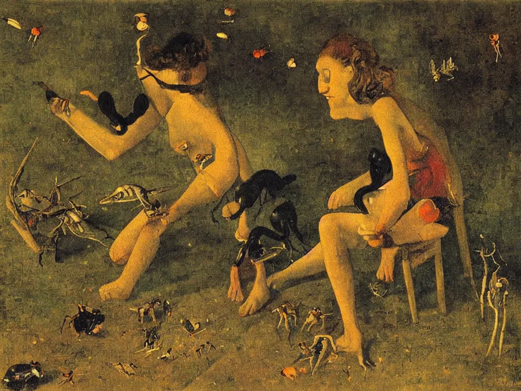 Image similar to Woman collecting strange species of insects for her collection at night. Painting by Balthus