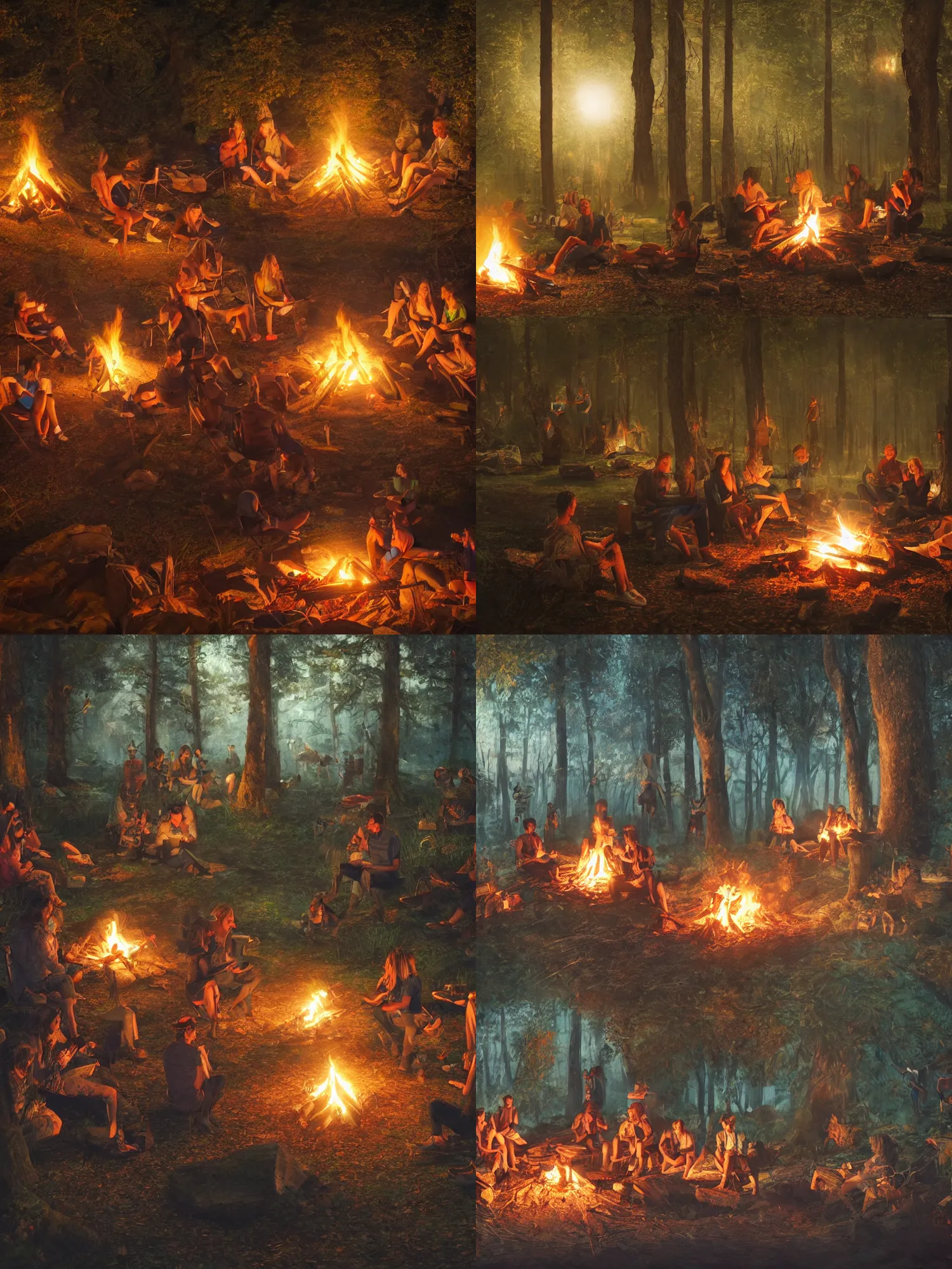 Prompt: very very beutiful painting of tourists around a campfire in night forest, trending on artstation, very very detailed, vibrant, hyperrealistic, 8k hdr, octane render