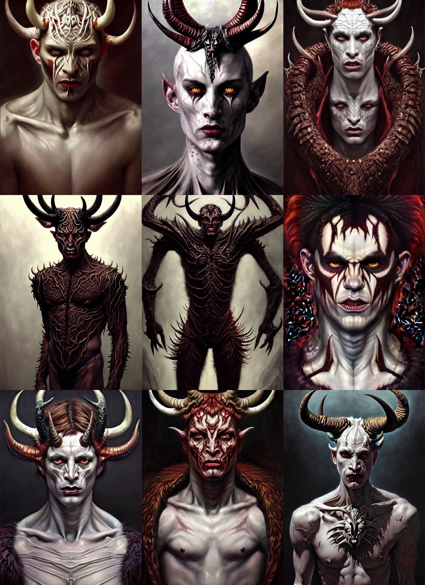 Prompt: fullbody half demonic half human devil man intricate skin pattern texture, elegant, peaceful, full body, white horns, hyper realistic, extremely detailed, dnd character art portrait, fantasy art, intricate fantasy painting, dramatic lighting, vivid colors, deviant art, artstation, by edgar maxence and caravaggio and michael whelan and delacroix.