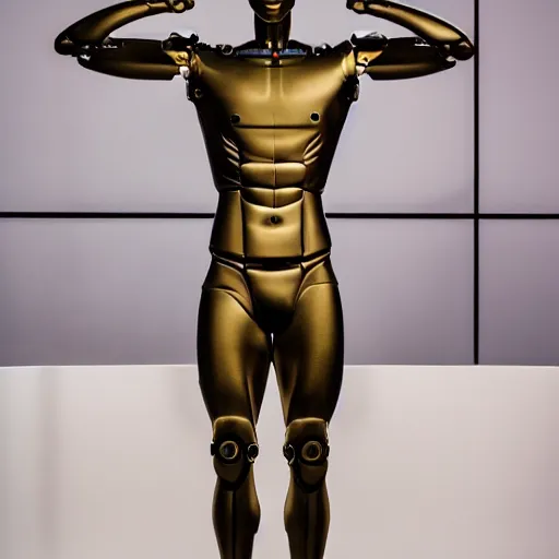 Image similar to a realistic detailed photo of a guy who is an attractive humanoid who is half robot and half humanoid, who is a male android, soccer player martin ødegaard, shiny skin, posing like a statue, blank stare, by the pool, on display, showing off his muscles, humanoid robot, frozen ice statue