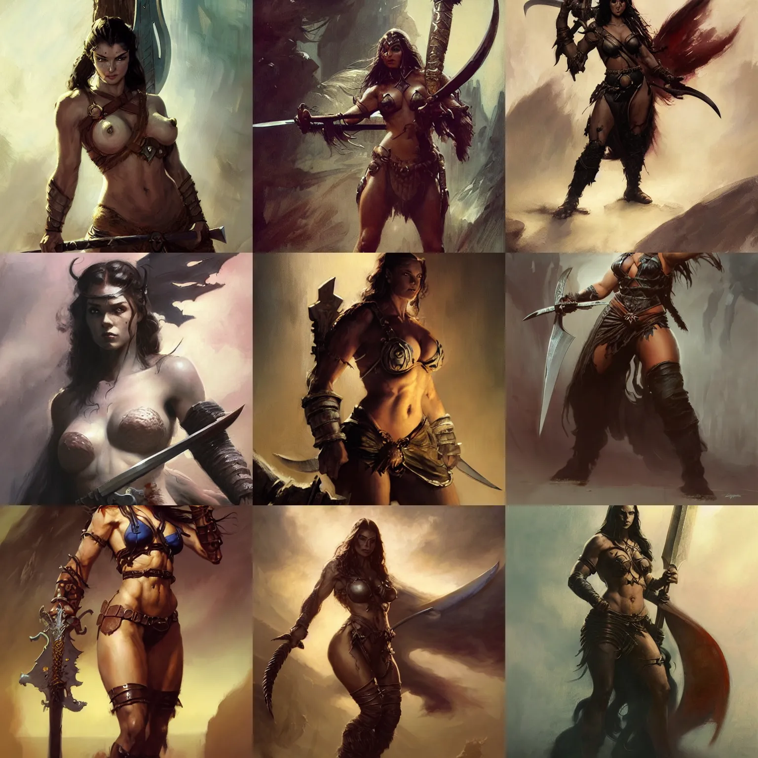 Prompt: A full portrait of a very beautiful berserker woman, holding an oversized sword, by Frank Frazetta, Greg Rutkowski, Boris Vallejo, epic fantasy character art, Exquisite detail, post-processing, low angle, masterpiece, cinematic