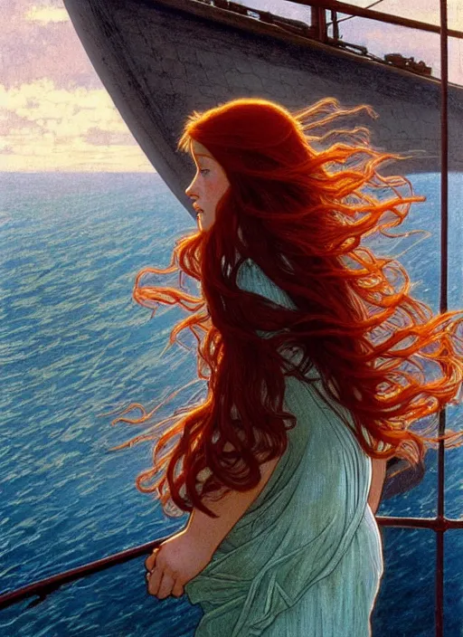 Image similar to a pretty young alicia vikander with long red hair blowing in the wind is leaning on the rail of a sailing ship, looking out to sea, path traced, highly detailed, high quality, digital painting, by studio ghibli and alphonse mucha, ron cobb, leesha hannigan, hidari, art nouveau, chiho aoshima, jules bastien - lepage