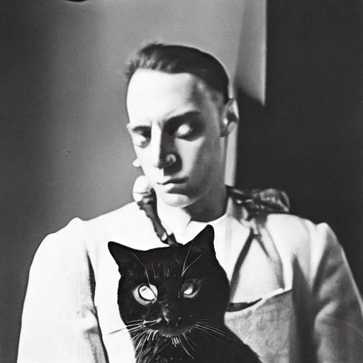 Prompt: futuristic time traveller with cat companion on his shoulder, in 1 9 3 0 s new york, shot on old film, black and white