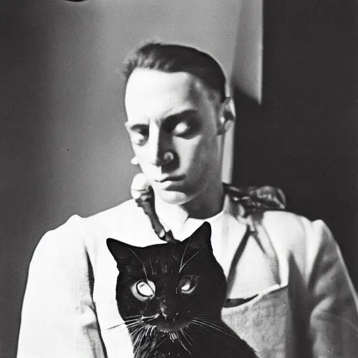 Image similar to futuristic time traveller with cat companion on his shoulder, in 1 9 3 0 s new york, shot on old film, black and white