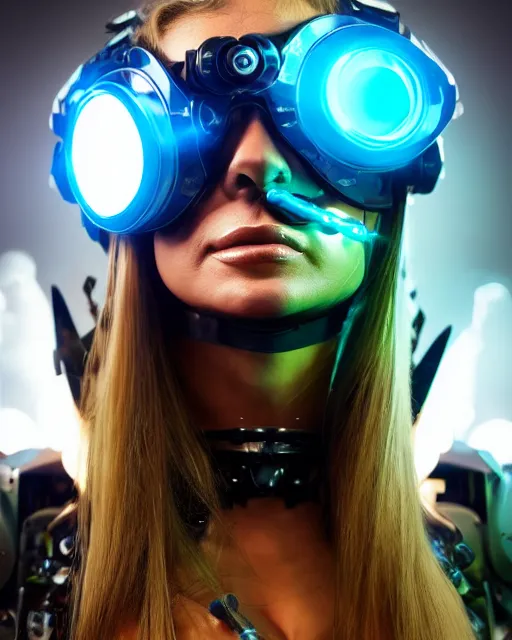 Image similar to centered portrait of flirtatious young carmen electra as a solarpunk mecha humanoid robotic parts wearing goggles with bright turquoise lights, real human face, pudica pose bouguereau style, inside white room, ultra - realistic and intricate, soft portrait shot 8 k