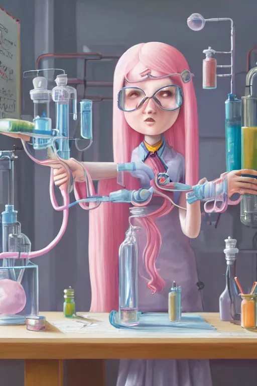 Image similar to highly detailed, cinematic still frame of adult princess bubblegum from adventure time, working in her science lab, wearing lab coat & saftey goggles, long bubblegum hair with long straight bangs, beautiful, attractive, extremely cute, illustration concept art by nicoletta ceccoli, mark ryden, lostfish, detailed and intricate environment, 8 k resolution, hyperrealistic, octane render