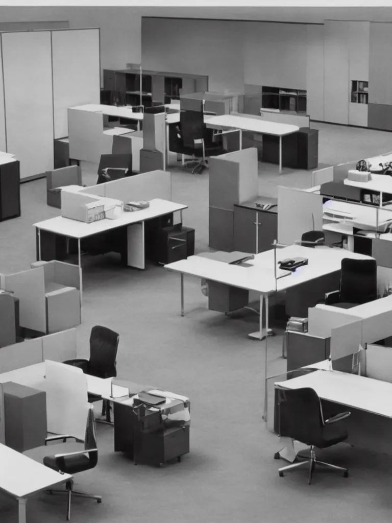 Image similar to a still of severance series indoor 7 0 s furniture office scenario appearing in a film of jacques tati