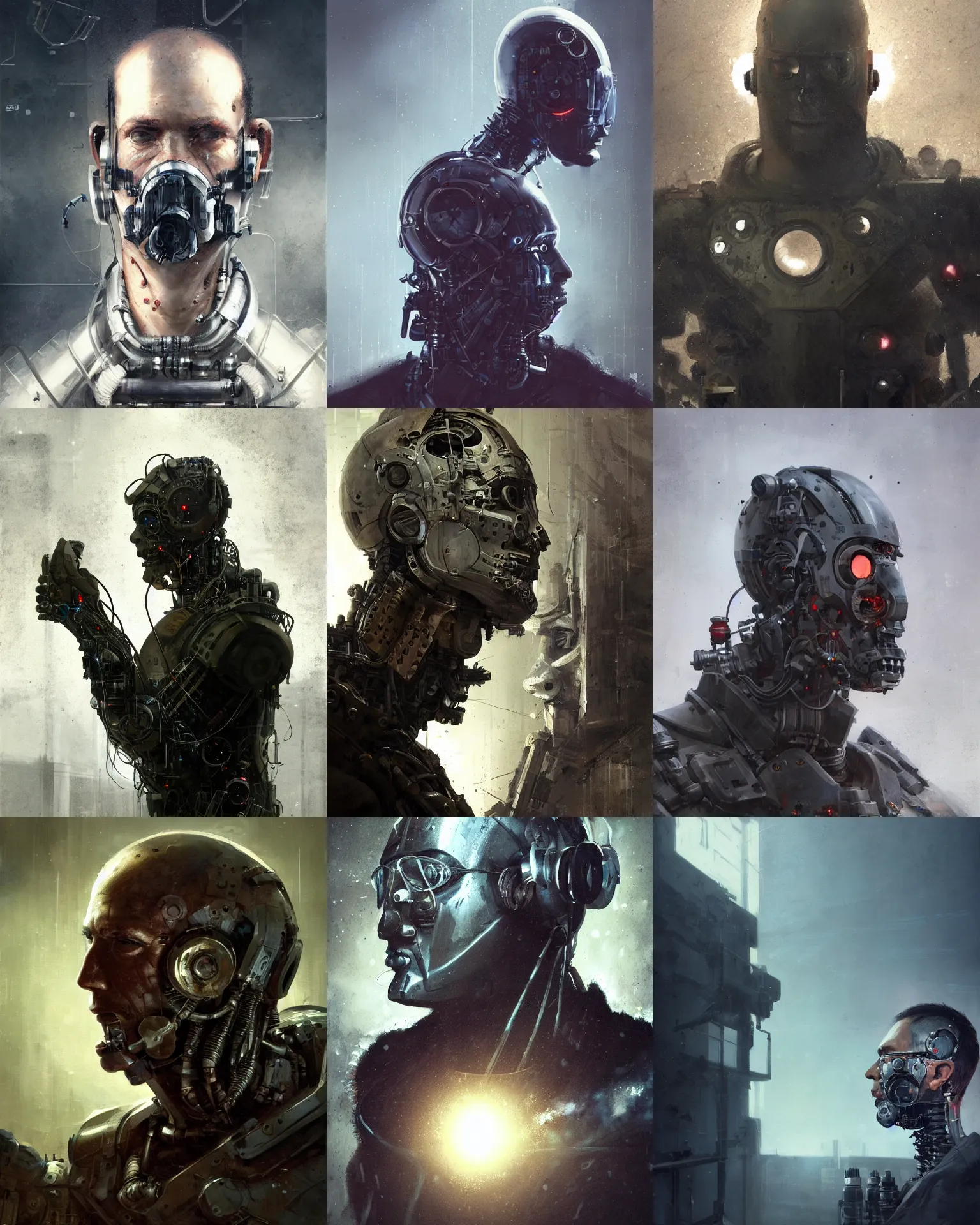 Prompt: a half - masked rugged laboratory engineer man with cybernetic enhancements as seen from a distance, scifi character portrait by greg rutkowski, esuthio, craig mullins, 1 / 4 headshot, cinematic lighting, dystopian scifi gear, gloomy, profile picture, mechanical, half robot, implants, steampunk