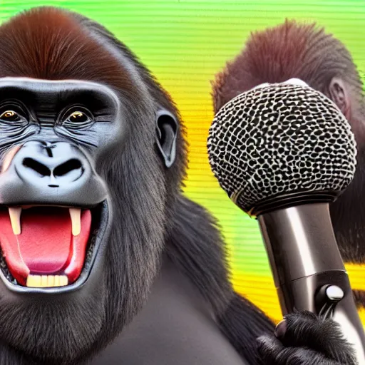 Image similar to a gorilla singing into a microphone as large crowd of people scream, at an outdoor night time stadium concert. highly detailed. wide angle