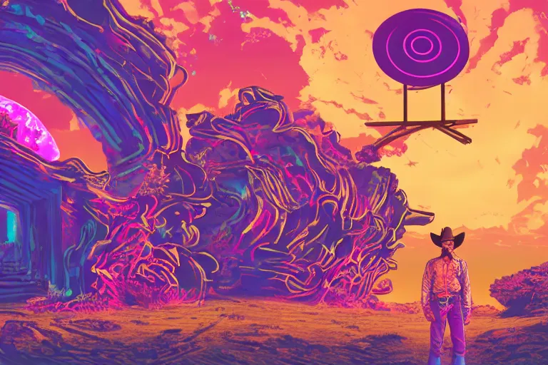 Image similar to an old western cowboy opening a portal to another dimension, psychedelic, vaporwave, synthwave, retro, digital art, acrylic, detailed,