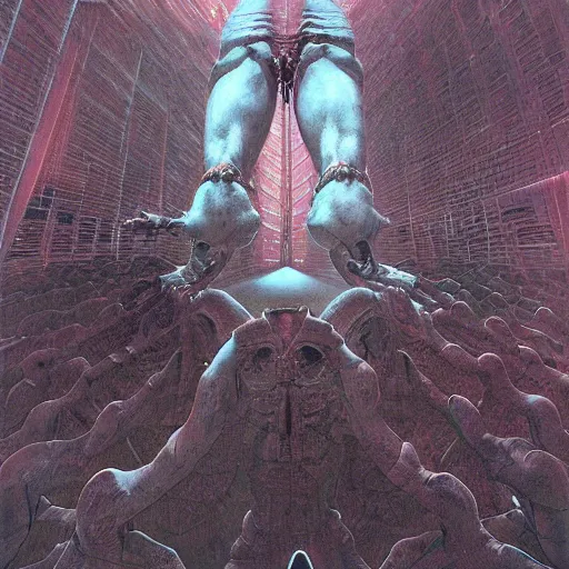 Image similar to biomechanical human raising his hands into the sky of the machine by wayne barlowe