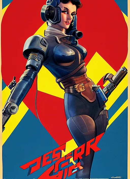 Image similar to american propaganda poster art. powerful cyberpunk pilot. portrait by jean giraud and anton otto fischer and john philip falter and will eisner and gil elvgren and pixar. full body. realistic proportions. science fiction d & d. overwatch, rb 6 s, cyberpunk 2 0 7 7, blade runner 2 0 4 9 concept art. cel shading. thick lines.