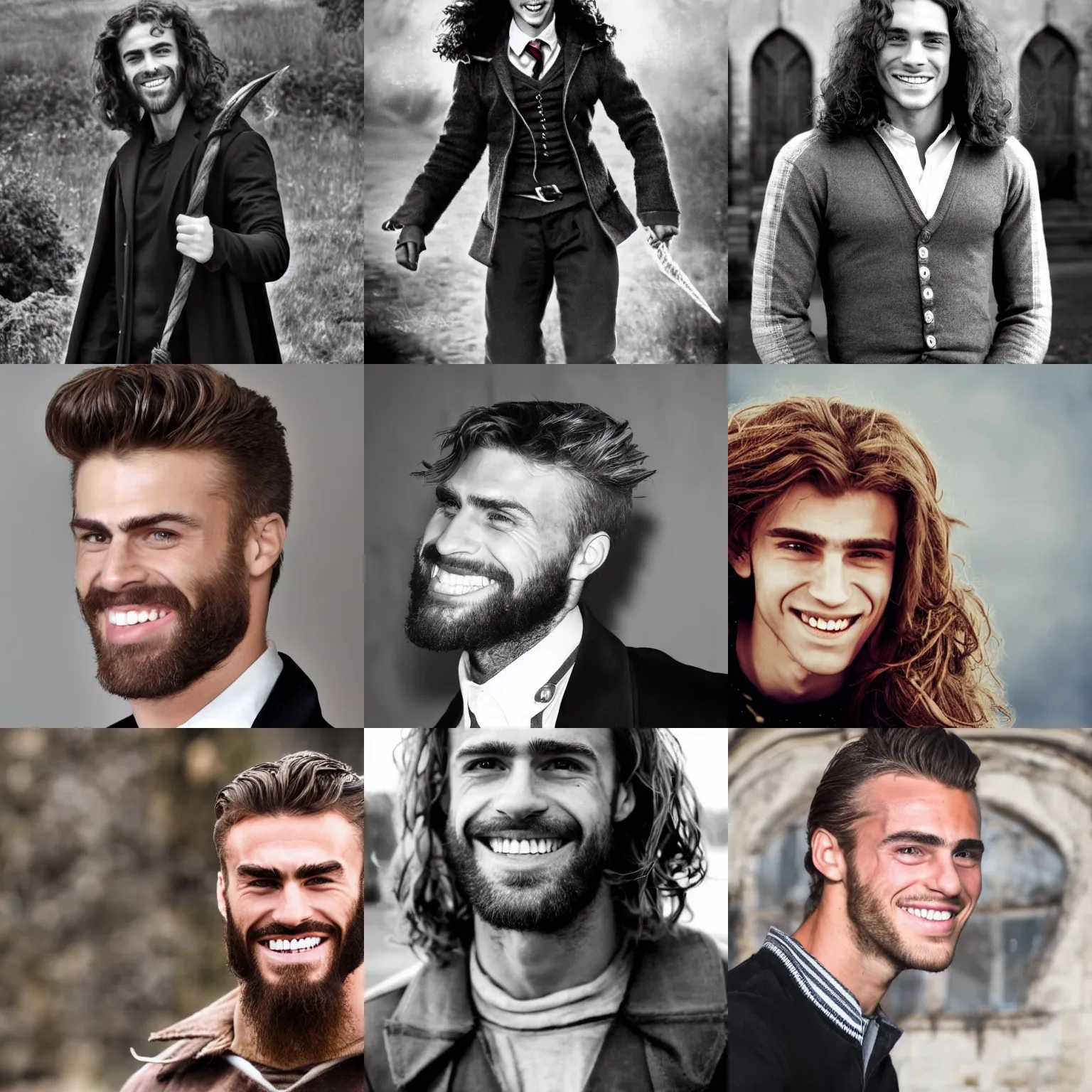 Prompt: stock photo of gigachad wearing hermione granger's clothes, strongest jawline in history, black and white, most handsome smile award winner for five consecutive years