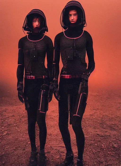 Image similar to cinestill 5 0 d photographic portrait by steve mccurry of two loving female androids wearing rugged black mesh techwear in a brutalist compound with a red sky, extreme closeup, cyberpunk style, dust storm, 8 k, hd, high resolution, 3 5 mm, f / 3 2, ultra realistic faces, ex machina