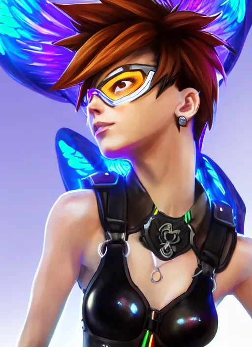 Image similar to portrait bust digital artwork of tracer overwatch, wearing black iridescent rainbow latex tank top, 4 k, expressive happy smug expression, makeup, in style of mark arian, angel wings, wearing detailed black leather collar, chains, black leather harness, detailed face and eyes,