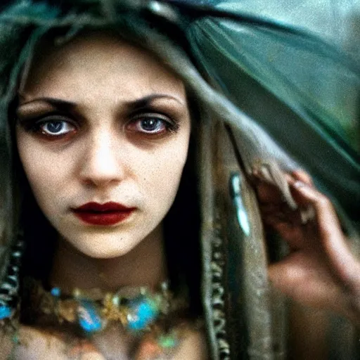 Image similar to beautiful portrait of a female sorceress, 35mm, cinematic atmosphere, photorealistic, depth of field, style of irwing penn and steve mccurry