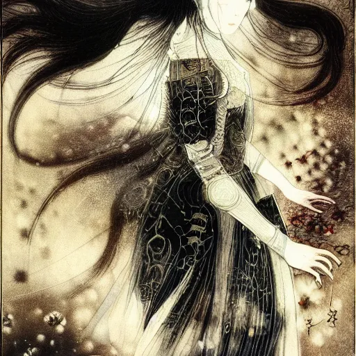 Image similar to yoshitaka amano blurred and dreamy illustration of a japanese woman with black eyes, wavy white hair fluttering in the wind wearing elden ring armor with engraving, abstract patterns in the background, noisy film grain effect, highly detailed, renaissance oil painting, weird portrait angle, blurred lost edges, three quarter view