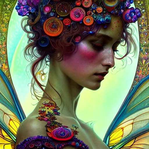 Image similar to An extremely psychedelic portrait of a fairy made of crystals, surreal, colorful, face, detailed, intricate, elegant, lithe, highly detailed, digital painting, artstation, concept art, smooth, sharp focus, illustration, art by Krenz Cushart and Artem Demura and alphonse mucha