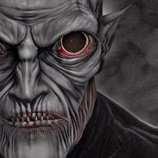 Image similar to willem dafoe as nosferatu, scary eyes, very realistic, digital portrait, moody lighting