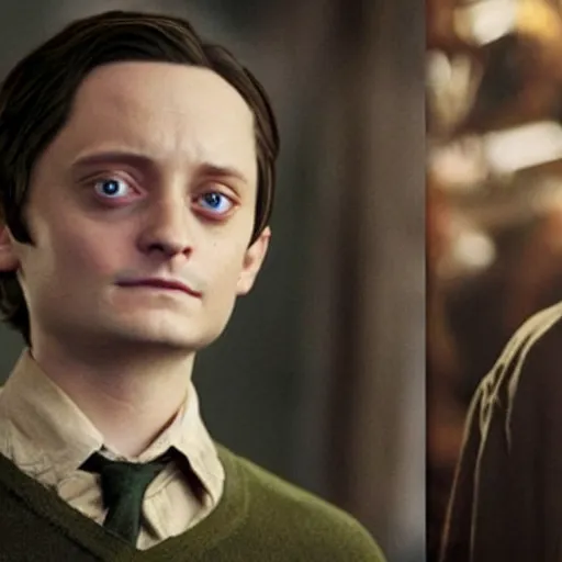 Image similar to a man looking like elijah wood and tobey maguire, starring as harry potter in the next movie of the franchise, highly detailed, high quality