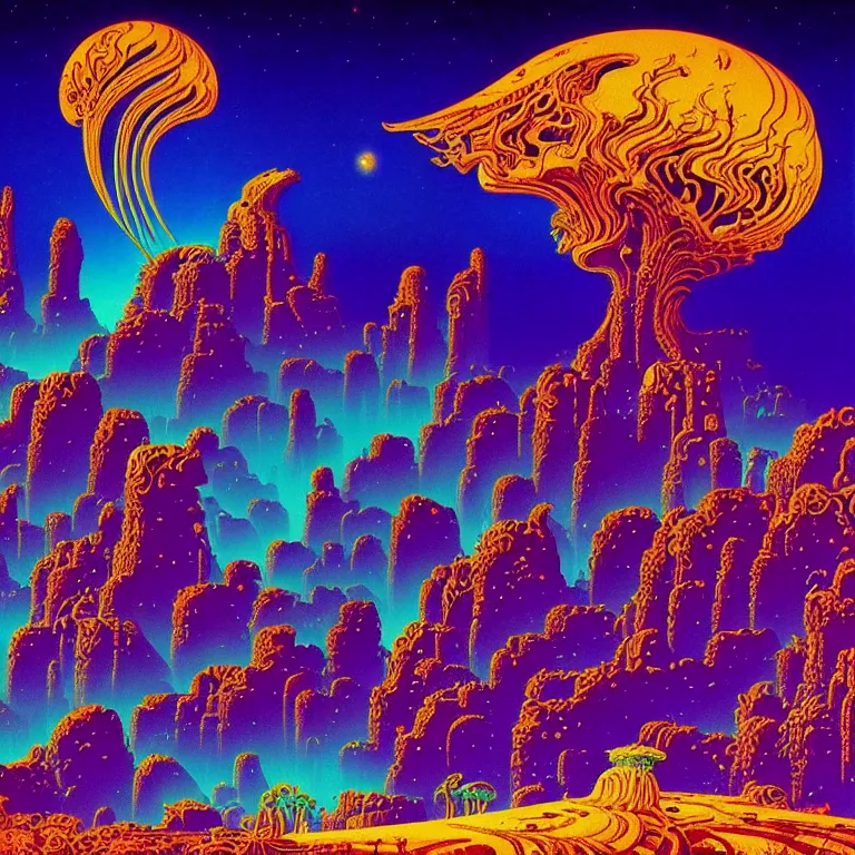Image similar to epic shimmering ancient ruins in desert canyon valley night, haunted sky, infinite fractal waves, synthwave, bright neon colors, highly detailed, cinematic, eyvind earle, tim white, philippe druillet, roger dean, ernst haeckel, lisa frank, aubrey beardsley, kubrick, kimura, isono