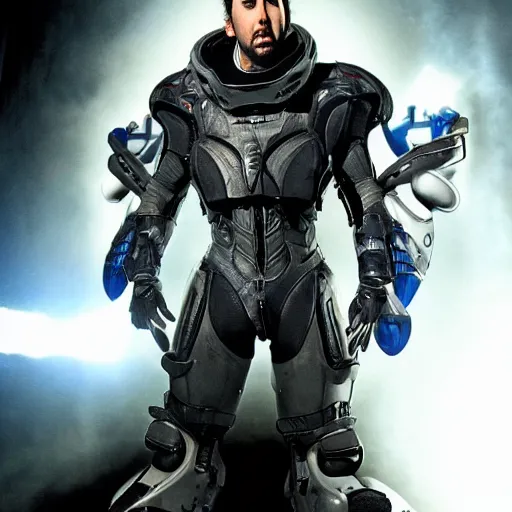 Image similar to Nicolas Cage wearing Powered Combat Suit in Starcraft, promo shoot, studio lighting