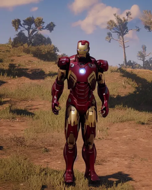Image similar to robust and bulky iron man suit in red dead redemption 2, cinematic, photorealistic