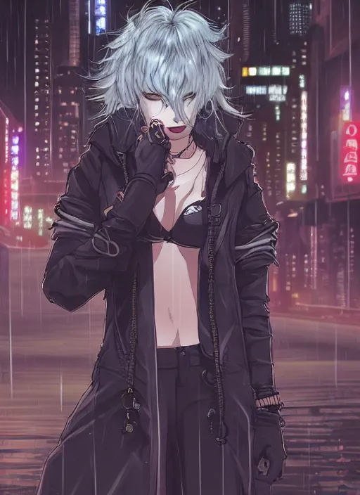 Prompt: character portrait of a female anthro hyena fursona with a cute beautiful attractive furry face and long black curly hair wearing stylish clothes in a cyberpunk city at night while it rains. hidari, color page, tankoban, 4K, tone mapping, Akihiko Yoshida.