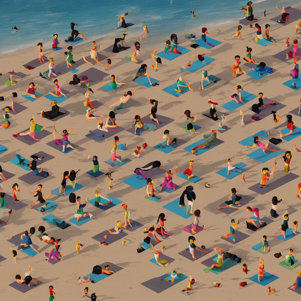 Prompt: lego people doing yoga on beach, hyper details, cartoon, hyperrealistic intricate details, by Peter Mohrbacher, trending on artstation, 8k