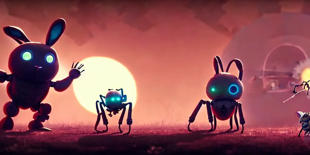 Prompt: a wholesome animation key shot of a post apocalyptic 8 0's cute robotic bunny and spider by studio ghibli, animation, sharp, rendered in unreal engine 5, focused, anime key art by greg rutkowski, bloom, dramatic lighting