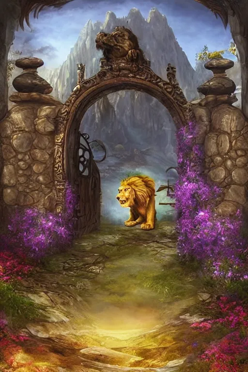 Image similar to A giant medieval fantasy energy portal gate with a rusty gold carved lion face with blue glowing eyes at the center of the gate, the portal takes you to another world, full of colorful flowers on the lost Vibes and mountains in the background, spring, delicate fog, sea breeze rises in the air, by andreas rocha and john howe, and Martin Johnson Heade, featured on artstation, featured on behance, golden ratio, ultrawide angle, f32, well composed, rule of thirds, center spotlight, low angle view