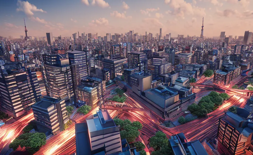 Prompt: unreal engine global illumination render of tokyo city from a rooftop view, sunset lighting, hyper realism, realistic shading, cinematic composition, blender render, octane render, hdr, detailed textures, photorealistic, ultrawide shot, 1 6 mm lens