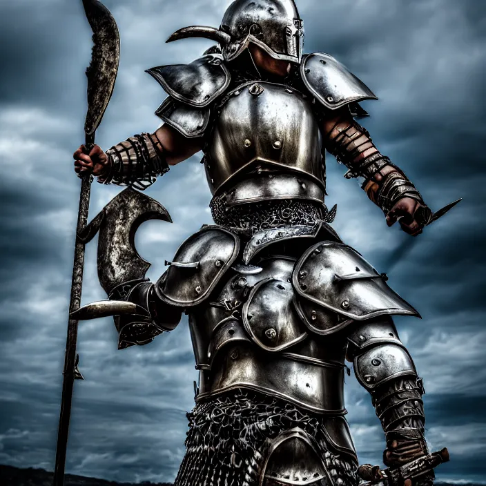 Image similar to photo of a warrior with metal whale themed armour, highly detailed, 4 k, hdr, smooth, sharp focus, high resolution, award - winning photo