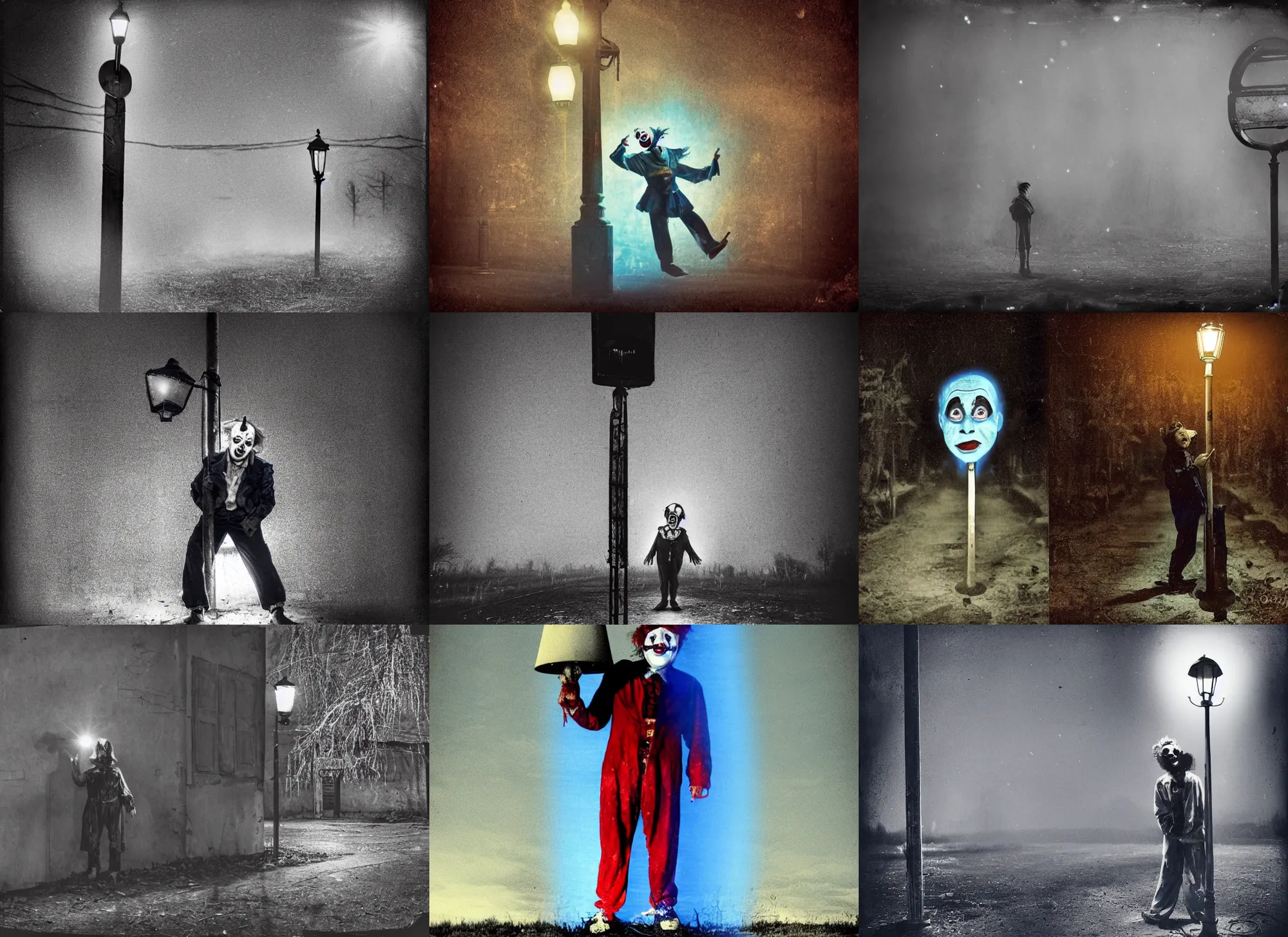Prompt: a thin scary clown in torn clothes stands under a lamppost that shines a blue light on the clown, pitch darkness around the post, everything happens at night in an old soviet village, the photo was taken from afar, the clown is far from the camera, hidden shooting, distorted photo, dark atmosphere, horror, scary, Wildlife photography, Polaroid, bad quality, distorted, Night, dark