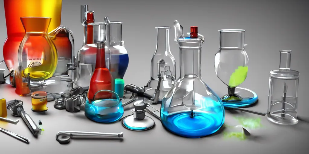 Image similar to instruments being used to mix chemicals, scientist, blender, 3d, apartment