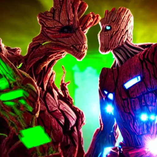 Image similar to groot and optimus prime in techno party among people dancing, wide shoot, after effect ultra realistic 3 d