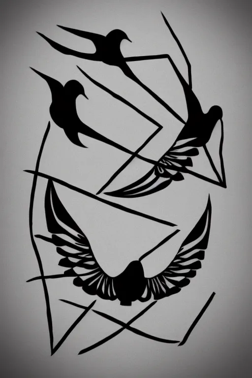 Prompt: a simple tattoo design of flying birds with lines and geometric shapes, black ink, logo, line art