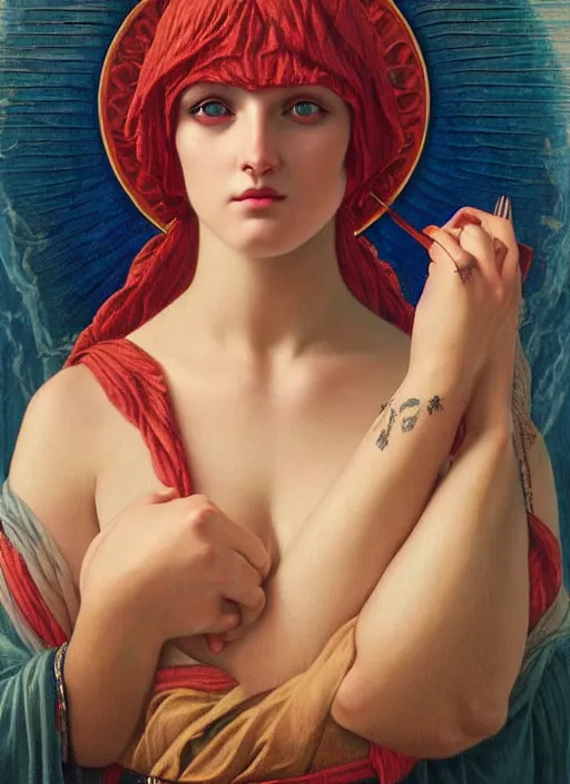 Image similar to beautiful enlightened cult magic psychic woman with tattoos, oil painting, robe, symmetrical face, greek dark ritual myth, by John William Godward and Anna Dittman, masterpiece