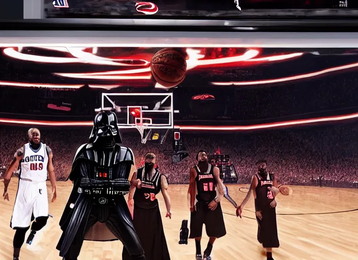 Image similar to ESPN still of Darth Vader playing in the nba playoffs live on espn, 4k