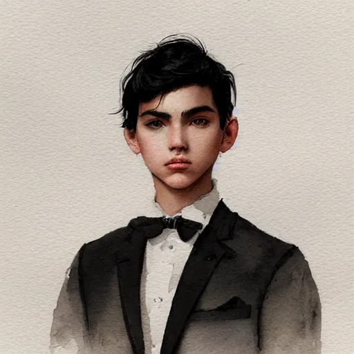 Prompt: teen boy, young, black hair, short hair, georgeus, elegant, intricate, sharp focus, highly detailed, artstation, watercolor, by artgerm and greg rutkowski