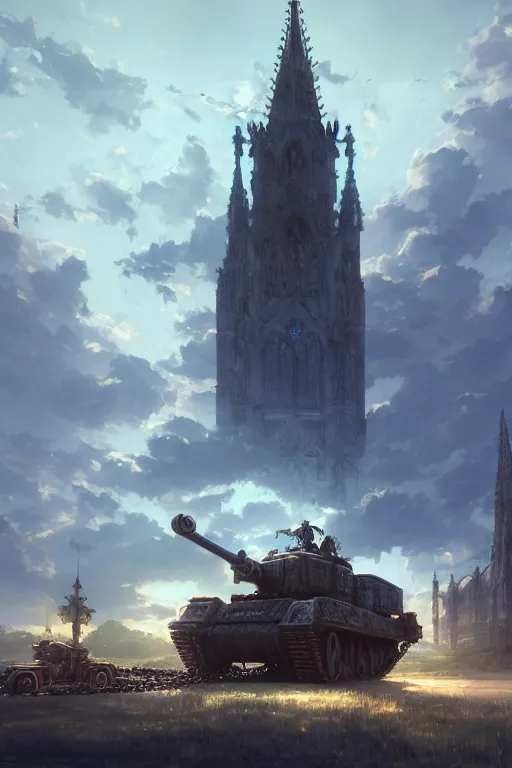 Image similar to a mobile driving ornate cathedral church as tower mounted on a tank with chain drive, warhammer 4 0, scene in an open field. key visual, conceptart, ambient lighting, highly detailed, digital painting, artstation, concept art, sharp focus, by makoto shinkai and akihiko yoshida and kris kuksi