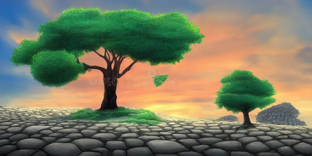 Prompt: a lonely cobblestone street with a tree on a cliff over the sea at sunset, 2d illustration, kawaii manga style