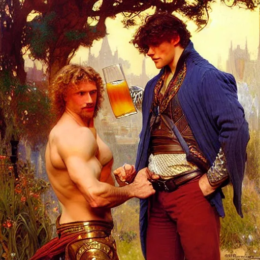 Image similar to attractive muscular arthur pendragon and muscular attractive merlin go to a pub together to have some drinks. highly detailed painting by gaston bussiere, craig mullins, j. c. leyendecker, alphonse mucha 8 k