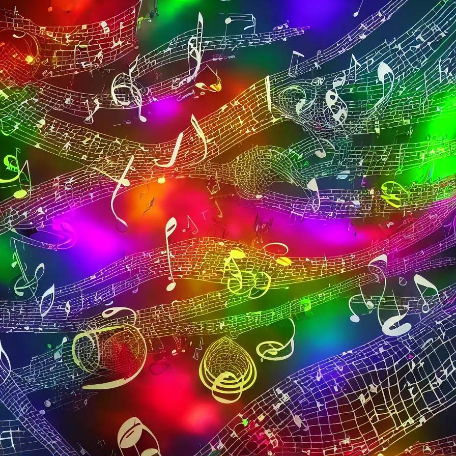 Prompt: realistic detailed 3D render of music, industries, toxic waste, full of colors and musical notes