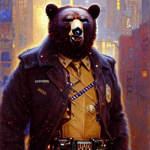 Prompt: portrait of a bear bearman in a police uniform. shadowrun furaffiniy cyberpunk fantasy highly detailed painting by gaston bussiere craig mullins jc leyendecker gustav klimt artgerm greg rutkowski john berkey, bergey, craig mullins, ruan jia, raymond swanland, jeremy mann, tom lovell, alex malveda