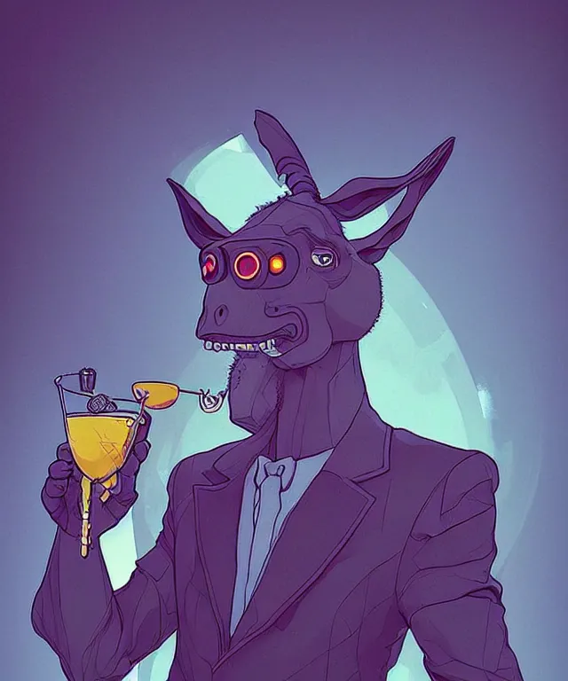 Image similar to a portrait of an anthropomorphic donkey holding a martini, cyberpunk!, fantasy, elegant, digital painting, artstation, concept art, matte, sharp focus, illustration, art by josan gonzalez